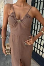 Göğsü Aksesuarlı Önü Yırtmaçlı Elbise 2899 - Görsel 5