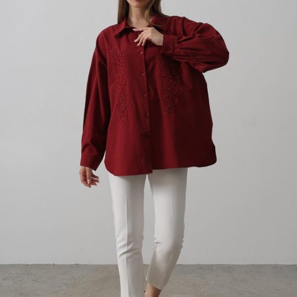 Boncuk Nakış Detaylı Uzun Gömlek