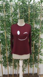 Kadın Uzun Kollu Bisiklet Yaka Gülen Yüz Desenli Viskon Bluz - Görsel 5