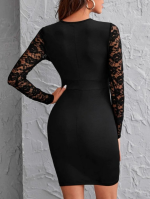 Kadın Uzun Kollu Bisiklet Yaka Kol Vegöğüs Tül Detay Krep Elbise - Görsel 2