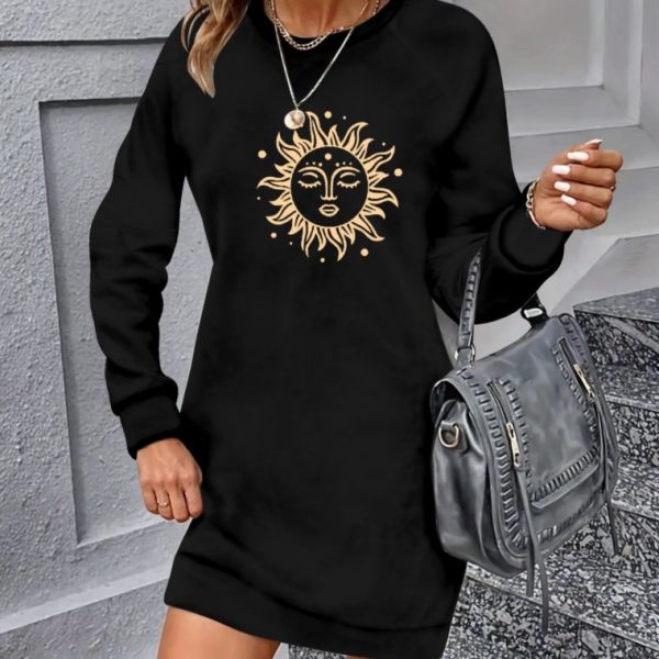 Kadın Uzun Kollu Bisiklet Yaka Güneş Desenli Viskon Iki Iplik Elbise