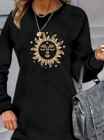 Kadın Uzun Kollu Bisiklet Yaka Güneş Desenli Viskon Iki Iplik Elbise - Görsel 2