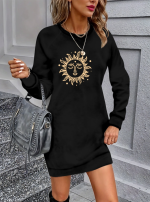 Kadın Uzun Kollu Bisiklet Yaka Güneş Desenli Viskon Iki Iplik Elbise - Görsel 3