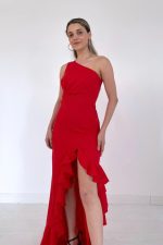 Kırmızı Yırtmaçlı Volanlı Elbise - Görsel 3