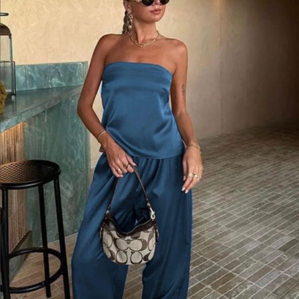 Kadın Likralı Saten Kumaş Straplez Bağlamalı Ikili Takım