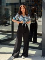 Kadın Yüksek Bel Geniş Paça Detaylı Cepli Ithal Krep Pantolon - Görsel 2