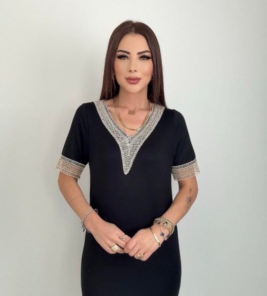 Kadın V Yaka Güpürlü İki İplik Elbise