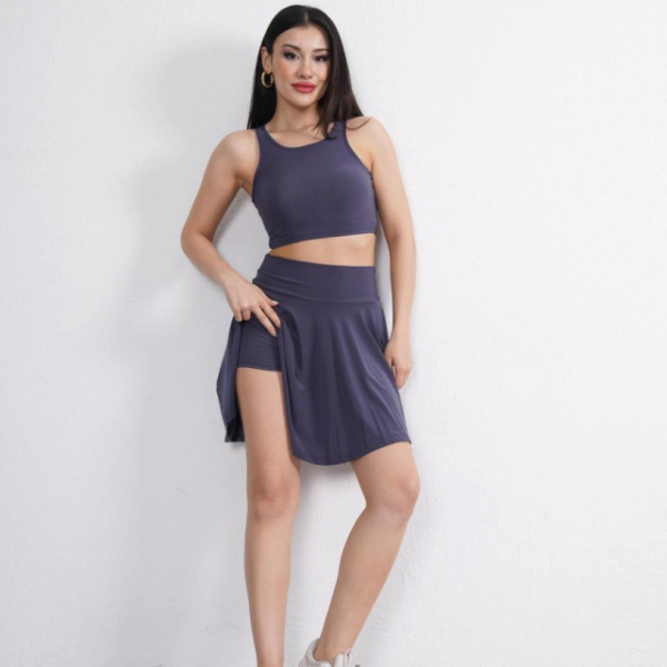 Sendy Kumaş Bisiklet Yaka Crop Şortlu Etek Ikili Takım