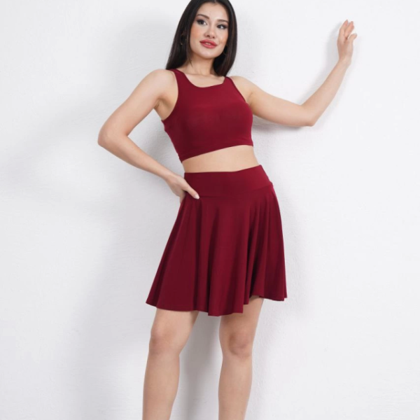 Sendy Kumaş Bisiklet Yaka Crop Şortlu Etek Ikili Takım