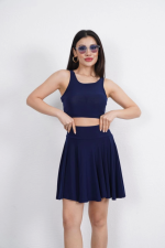 Sendy Kumaş Bisiklet Yaka Crop Şortlu Etek Ikili Takım