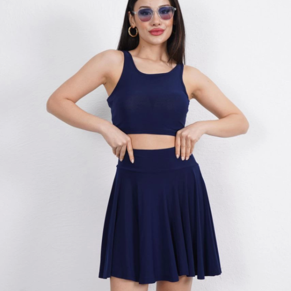 Sendy Kumaş Bisiklet Yaka Crop Şortlu Etek Ikili Takım