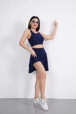 Sendy Kumaş Bisiklet Yaka Crop Şortlu Etek Ikili Takım - Görsel 2