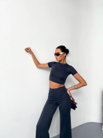 Osy Modal Yumuşak Dokulu Kumaş Kısa Kollu Crop Alt Ispanyol Paça Pantalon Ikili Takım - Görsel 2