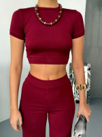 Osy Modal Yumuşak Dokulu Kumaş Kısa Kollu Crop Alt Ispanyol Paça Pantalon Ikili Takım - Görsel 3