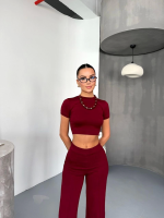 Osy Modal Yumuşak Dokulu Kumaş Kısa Kollu Crop Alt Ispanyol Paça Pantalon Ikili Takım - Görsel 4
