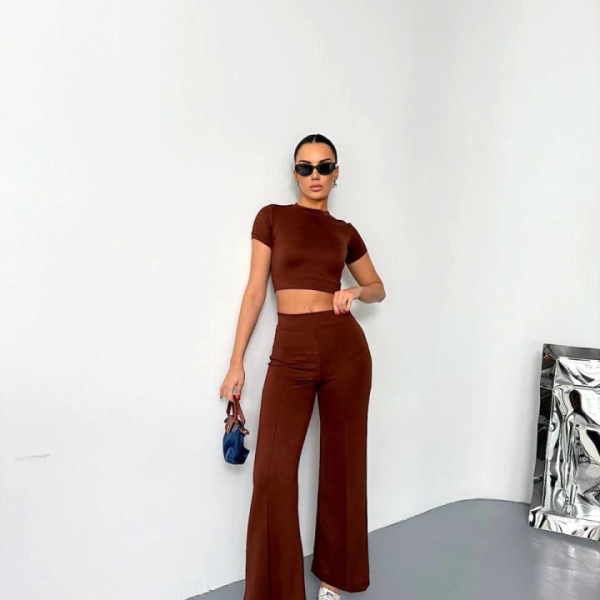 Osy Modal Yumuşak Dokulu Kumaş Kısa Kollu Crop Alt Ispanyol Paça Pantalon Ikili Takım