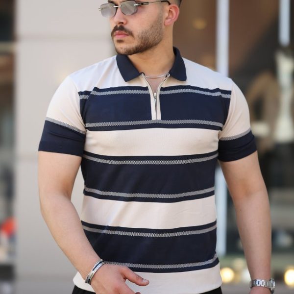 Erkek Yakalı Fermuarlı çift Renk Kısa Kollu T-shirt