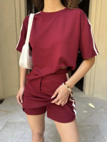 Osy Modal Yumuşak Dokulu Kumaş Parçalı Bisiklet Yaka T-shirt Mini Şortlu Etek İkili Takım -Bordo - Görsel 2