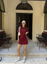 Osy Modal Yumuşak Dokulu Kumaş Parçalı Bisiklet Yaka T-shirt Mini Şortlu Etek İkili Takım -Bordo - Görsel 4