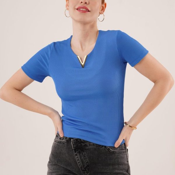 Kısa Kollu Yaka Detaylı Kaşkorse Saks Bluz