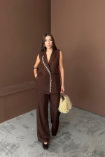 YAKA MİDYE KABUĞU SIRALI YELEK - PANTOLONTAKIM KETEN KUMAŞ