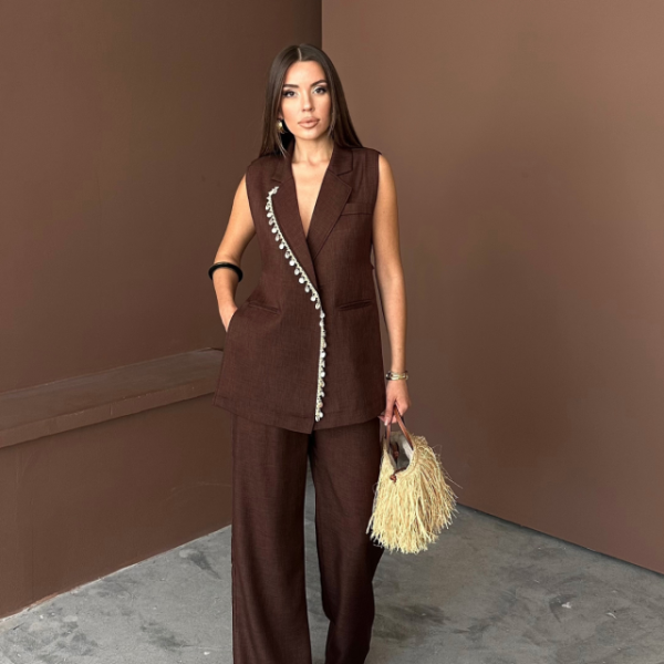 YAKA MİDYE KABUĞU SIRALI YELEK - PANTOLONTAKIM KETEN KUMAŞ