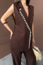 YAKA MİDYE KABUĞU SIRALI YELEK - PANTOLONTAKIM KETEN KUMAŞ - Görsel 2