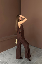 YAKA MİDYE KABUĞU SIRALI YELEK - PANTOLONTAKIM KETEN KUMAŞ - Görsel 3