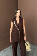 YAKA MİDYE KABUĞU SIRALI YELEK - PANTOLONTAKIM KETEN KUMAŞ - Görsel 4