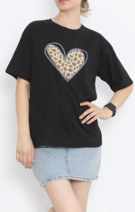 Sevgililer Günü İçin Özel Tasarım Leopar Kalp Baskılı T-shirt - Görsel 3