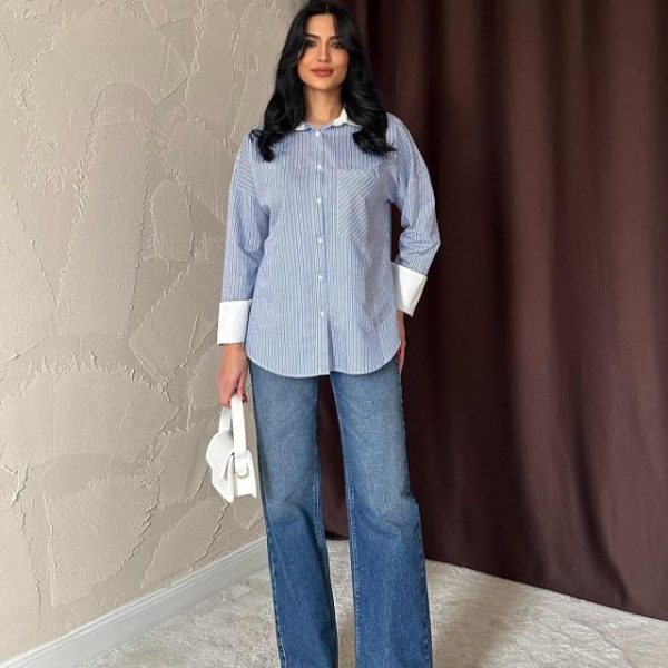 Mavi Çizgili Poplin Uzun Kol Gömlek