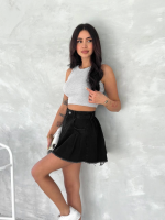 Şık Pileli Yazlık Mini Etekli Kot- Siyah - Görsel 4