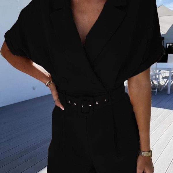 Kadın Ceket Yaka Pileli Kemer Dahil şort Tulum