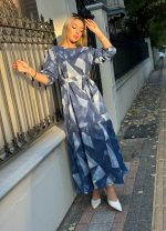 Kadın Uzun Kollu Bisiklet Yaka Geometrik Desen Baskılı Kuşak Dahil Maxi Boy Elbise