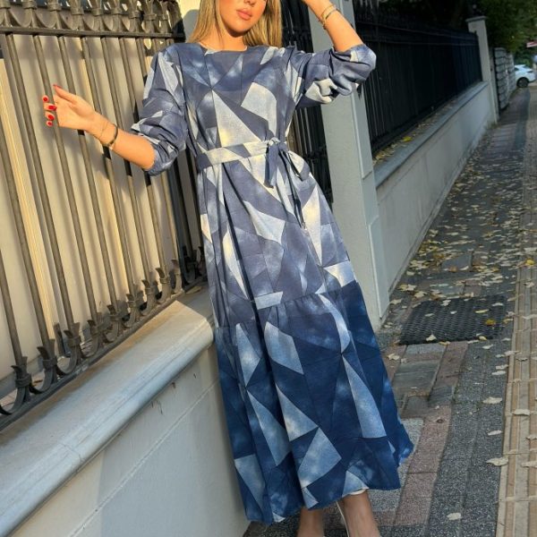 Kadın Uzun Kollu Bisiklet Yaka Geometrik Desen Baskılı Kuşak Dahil Maxi Boy Elbise