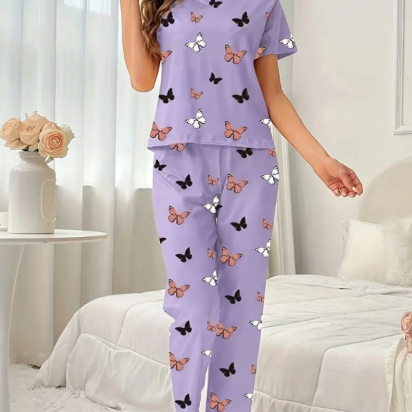 Kadın Kısa Kollu Bisiklet Yaka Kelebek Baskılı Süprem Ikili Takım