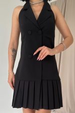 Siyah Sırtı Açık Ceket Yakalı Elbise - Görsel 3