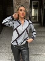 Kadın Uzun Kollu Yuvarlak Yaka Fermuarlı Desenli şardonlu Bluz - Görsel 4