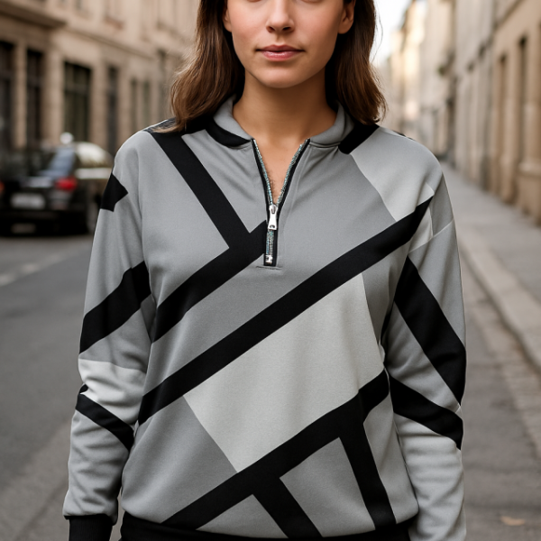 Kadın Uzun Kollu Yuvarlak Yaka Fermuarlı Desenli şardonlu Bluz