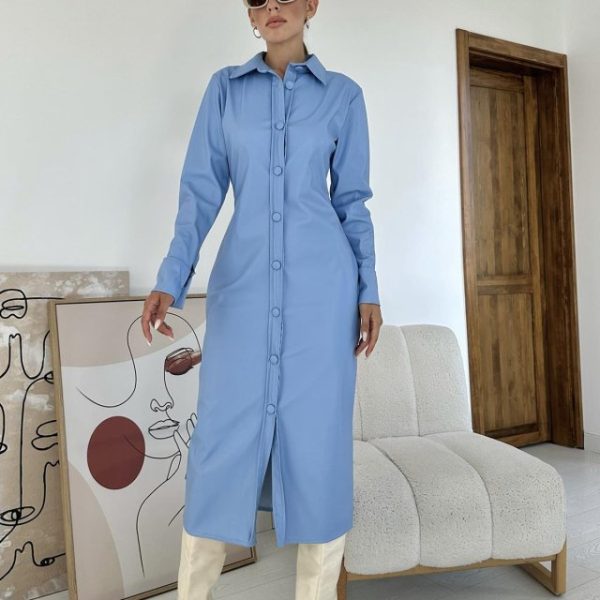 Mavi Boydan Düğmeli Deri Elbise