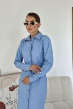 Mavi Boydan Düğmeli Deri Elbise - Görsel 2