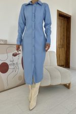 Mavi Boydan Düğmeli Deri Elbise - Görsel 4