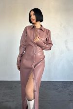 Pudra Boydan Düğmeli Deri Elbise - Görsel 2