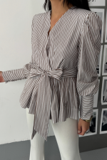 ÇİZGİLİ BAĞLAMA DETAYLI KRUVAZE POPLİN GÖMLEK - Görsel 2