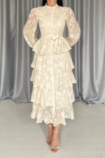 Bej Valonlu Şeritli Kat Kat Elbise - Görsel 3