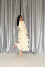 Bej Valonlu Şeritli Kat Kat Elbise - Görsel 4