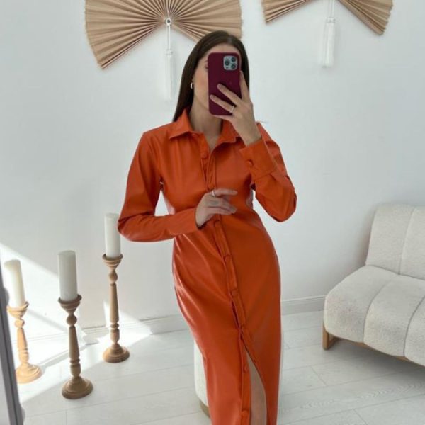 Oranj Boydan Düğmeli Deri Elbise