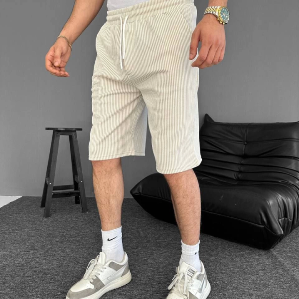 Su Yolu Çizgili Cepli Şort- Bej