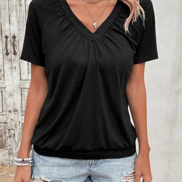Kadın Kısa Kollu V Yakalı Büzgü Detaylı Viskon Bluz