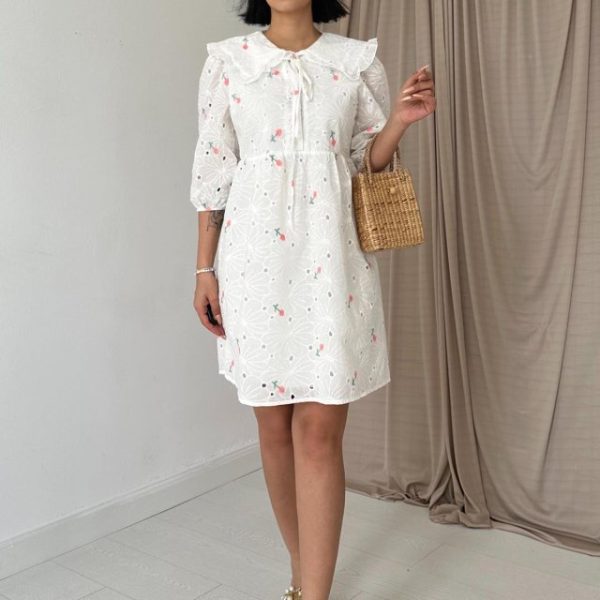 Pembe Bebe Yakalı Brode Elbise